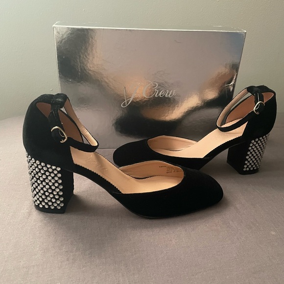 J. Crew Maisie Black Crystal Studded Velvet Heels  Size 7.5 - Picture 3 of 13